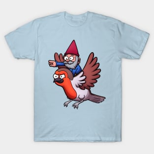 Garden Gnome Riding A Flying Red Robin Bird T-Shirt